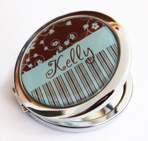 Floral Personalized Compact Mirror in Brown & Blue - Kelly's Handmade