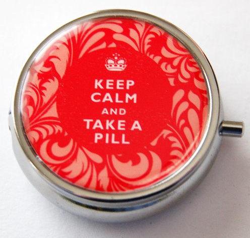Keep Calm Round Pill Case in Red Damask - Kelly's Handmade