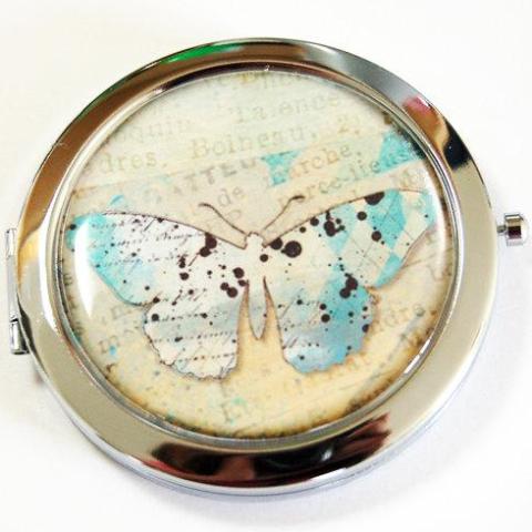 Butterfly Compact Mirror in Blue & Tan - Kelly's Handmade