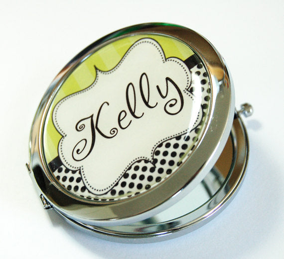 Polka Dot Personalized Compact Mirror in Green Black & White - Kelly's Handmade