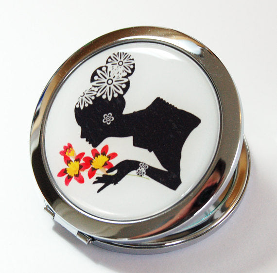 Cameo Floral Compact Mirror in Black White & Pink - Kelly's Handmade
