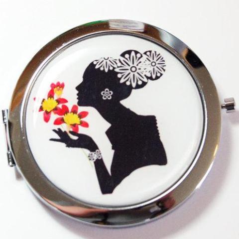 Cameo Floral Compact Mirror in Black White & Pink - Kelly's Handmade