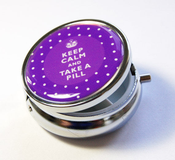 Keep Calm Round Pill Case in Purple Polka Dot - Kelly's Handmade