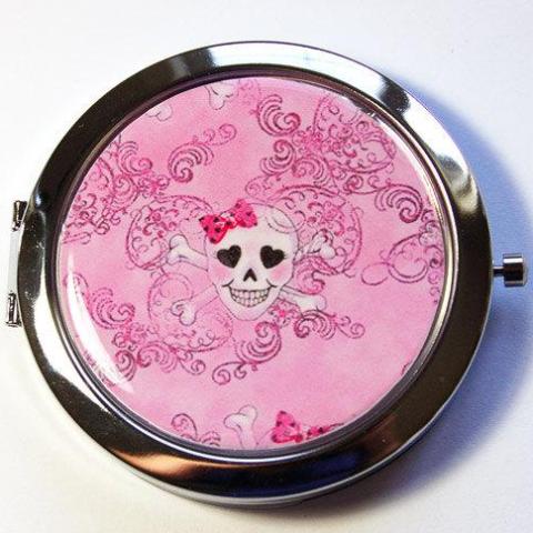 Sugar Skull Compact Mirror in Pink - Kelly's Handmade