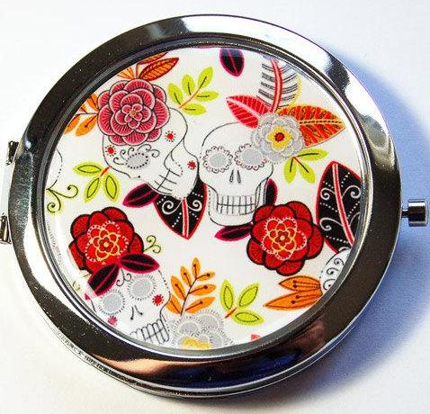 Sugar Skull & Flowers Compact Mirror - Kelly's Handmade
