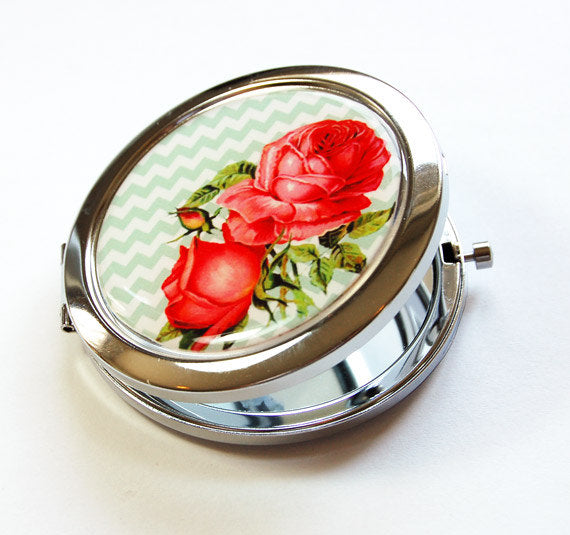 Roses on Chevron Compact Mirror in Pink & Green - Kelly's Handmade