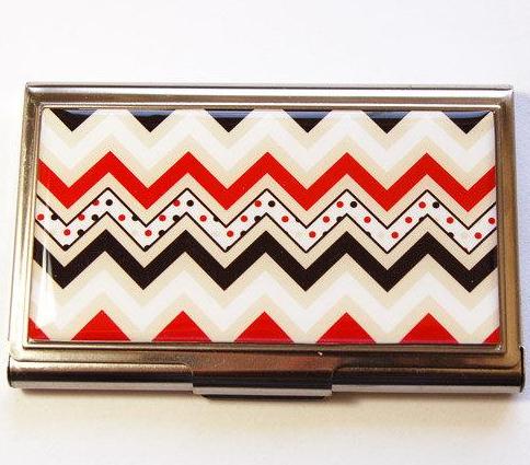 Chevron Business Card Case in Black Red & Tan - Kelly's Handmade