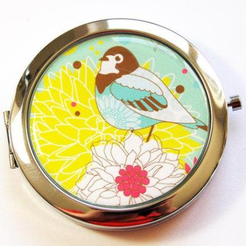 Flower & Bird Compact Mirror in Yellow - Kelly's Handmade