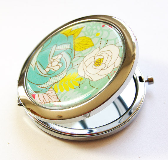Floral Compact Mirror in Turquoise - Kelly's Handmade