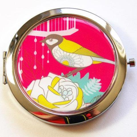 Flower & Bird Compact Mirror in Pink - Kelly's Handmade