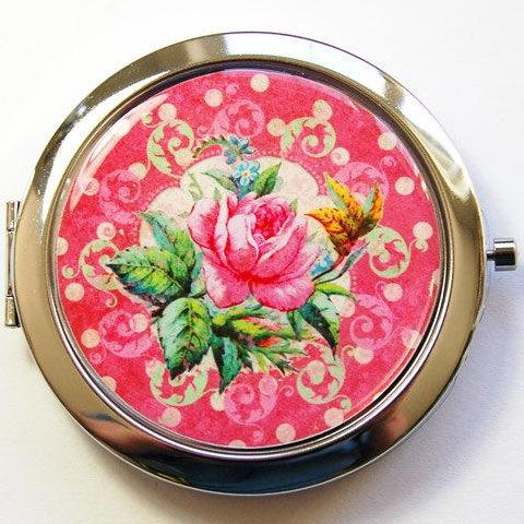 Rose Flower Compact Mirror in Pink or Green - Kelly's Handmade