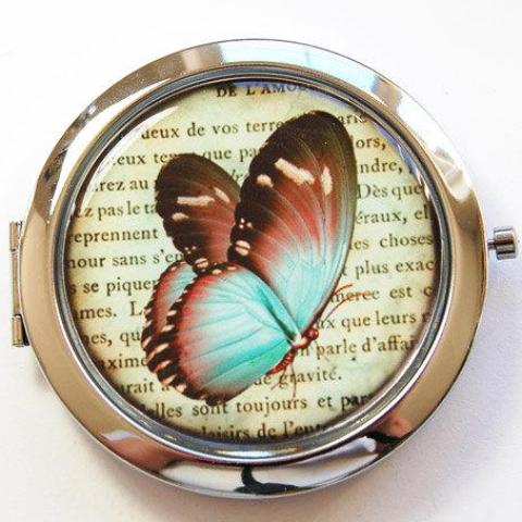 Butterfly Compact Mirror in Green Brown & Blue - Kelly's Handmade
