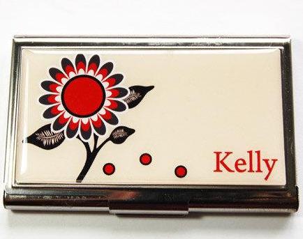 Flower Business Card Case in Red & Tan - Kelly's Handmade