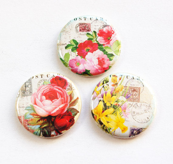 Floral Set of Six Magnets in Red Pink & Yellow - Kelly's Handmade