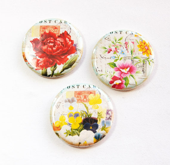 Floral Set of Six Magnets in Red Pink & Yellow - Kelly's Handmade