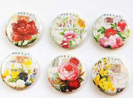 Floral Set of Six Magnets in Red Pink & Yellow - Kelly's Handmade