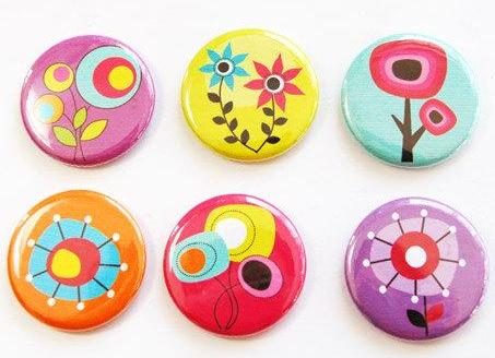 Abstract Flowers Set of Six Magnets in Bright Colors - Kelly's Handmade
