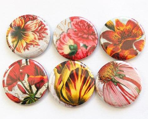 Floral Close Up Set of Six Magnets in Pink Red & Yellow - Kelly's Handmade