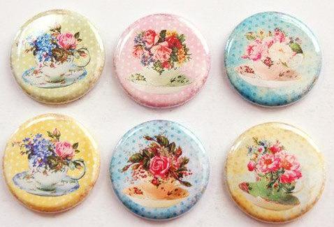 Flowers in Teacups Set of Six Magnets in Pastel Colors - Kelly's Handmade