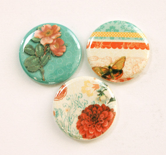 Floral Set of Magnets in Turquoise & Orange - Kelly's Handmade