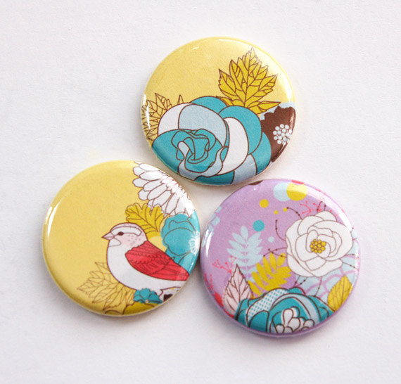 Flowers & Birds Set of Six Magnets in Yellow Blue & Purple - Kelly's Handmade