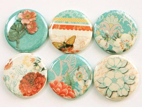 Floral Set of Magnets in Turquoise & Orange - Kelly's Handmade