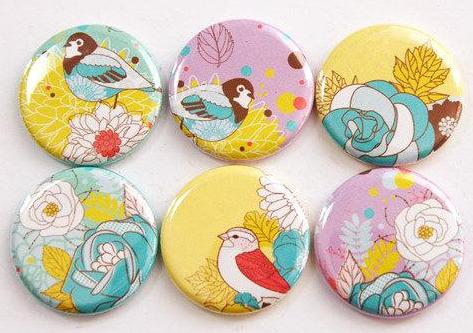 Flowers & Birds Set of Six Magnets in Yellow Blue & Purple - Kelly's Handmade