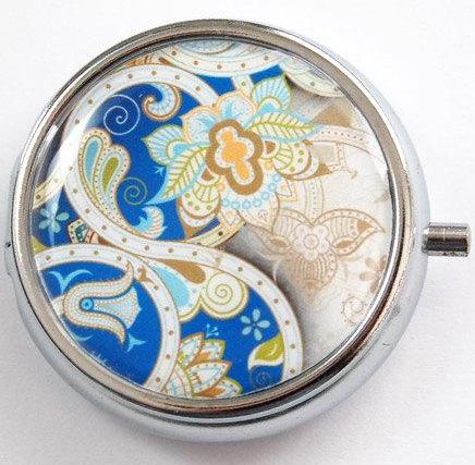 Paisley Print Round Pill Case in Blue - Kelly's Handmade