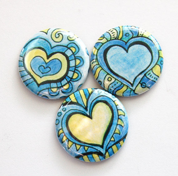 Abstract Hearts Set of Six Magnets in Blue & Yellow - Kelly's Handmade