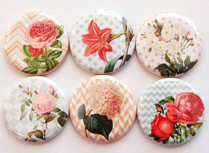 Floral Set of Six Magnets in Red Peach & Green - Kelly's Handmade