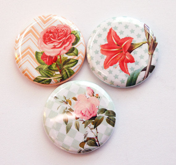 Floral Set of Six Magnets in Red Peach & Green - Kelly's Handmade