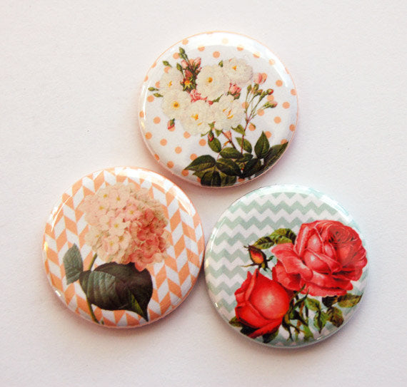 Floral Set of Six Magnets in Red Peach & Green - Kelly's Handmade