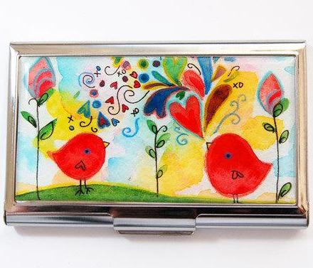 Bird Watercolor Business Card Case in Bright Colors - Kelly's Handmade