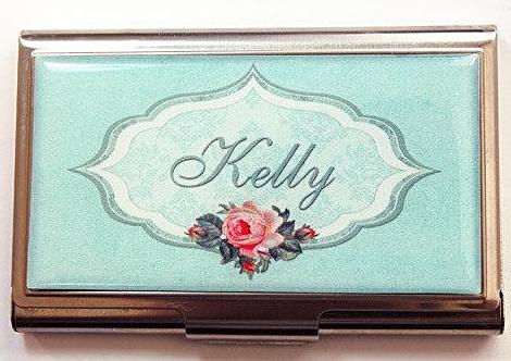 Elegant Floral Business Card Case in Green - Kelly's Handmade