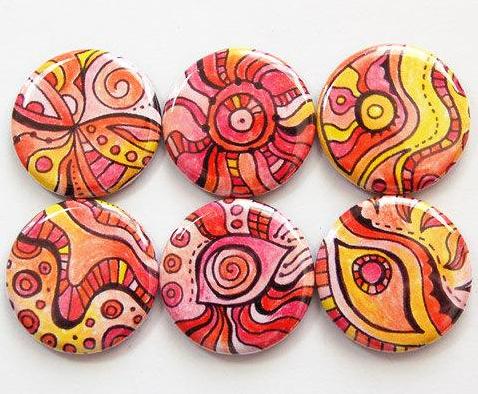 Abstract Design Set of Six Magnets in Orange Pink & Yellow - Kelly's Handmade