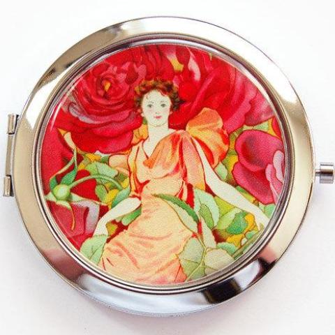 Woman with Flowers Compact Mirror in Red & Orange - Kelly's Handmade