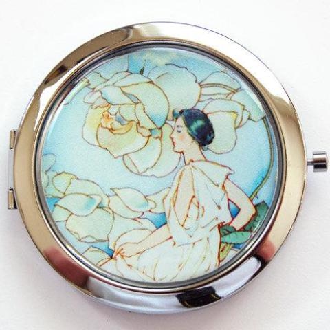 Woman with Flowers Compact Mirror in Blue - Kelly's Handmade