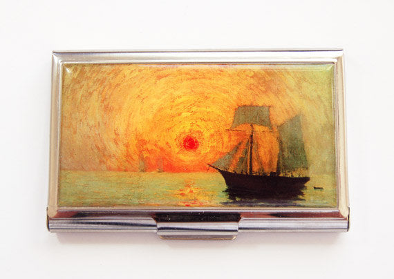 Business Card Case, Card case, business card holder, Ship at sea, green, orange, work accessory, gift for coworker, Kellys Magnets (3791) - Kelly's Handmade