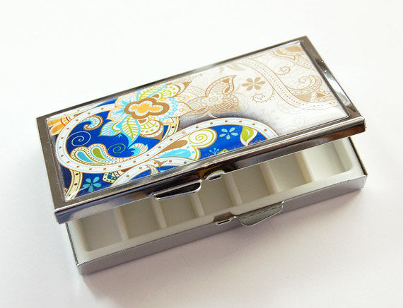 Paisley 7 Day Pill Case in Blue - Kelly's Handmade