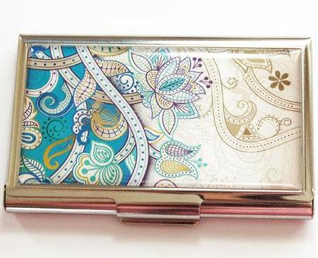 Paisley Print Business Card Case in Teal - Kelly's Handmade