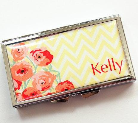 Flowers & Chevron Personalized 7 Day Pill Case in Yellow & Red - Kelly's Handmade