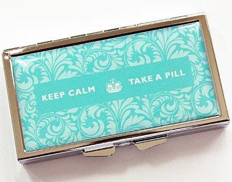 Keep Calm 7 Day Pill Case in Turquoise Damask - Kelly's Handmade