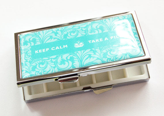 Keep Calm 7 Day Pill Case in Turquoise Damask - Kelly's Handmade