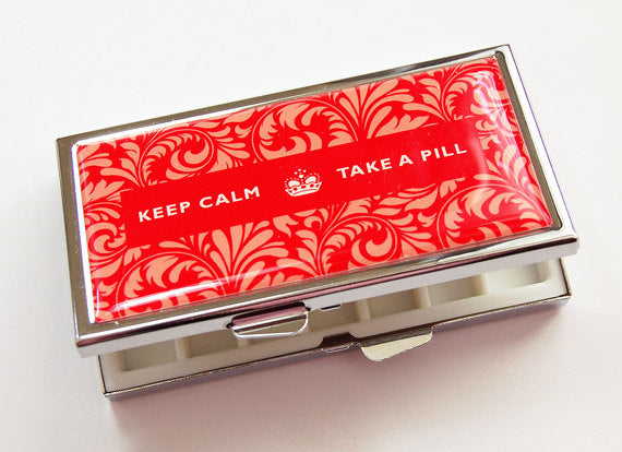 Keep Calm 7 Day Pill Case in Red Damask - Kelly's Handmade