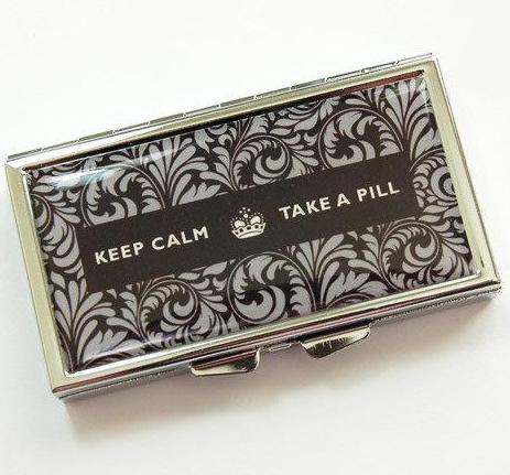 Keep Calm 7 Day Pill Case in Black Damask - Kelly's Handmade