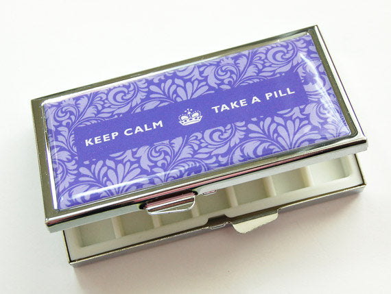 Keep Calm 7 Day Pill Case in Purple Damask - Kelly's Handmade