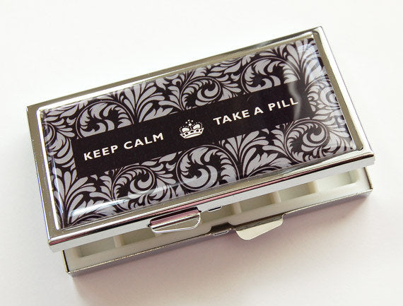 Keep Calm 7 Day Pill Case in Black Damask - Kelly's Handmade