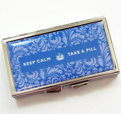 Keep Calm 7 Day Pill Case in Blue Damask - Kelly's Handmade