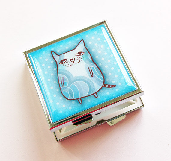 Cat Square Pill Case in Blue - Kelly's Handmade