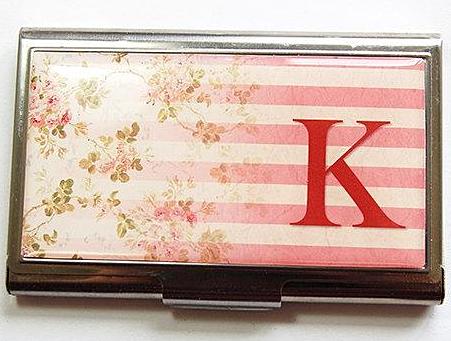 Striped Floral Monogram Business Card Case in 3 Colors - Kelly's Handmade